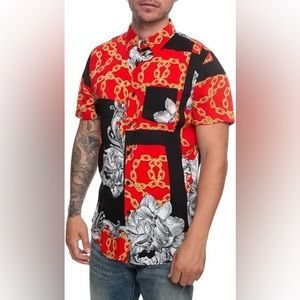 Reason Italian Chain Link Red Black Flower Short Sleeve Button Up